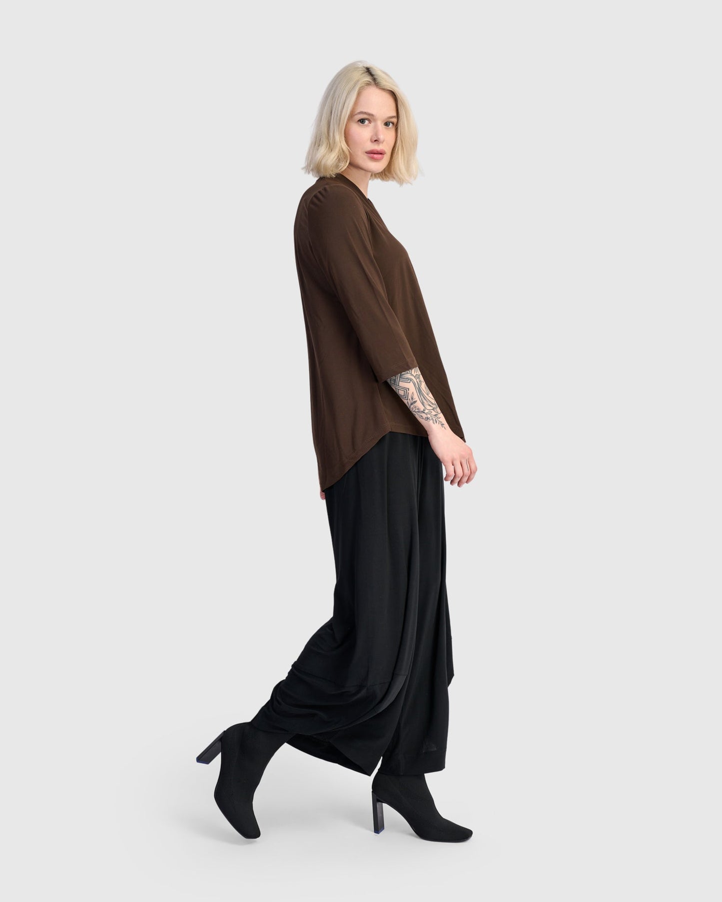 Essential Slinky V-neck Top, Sepia
