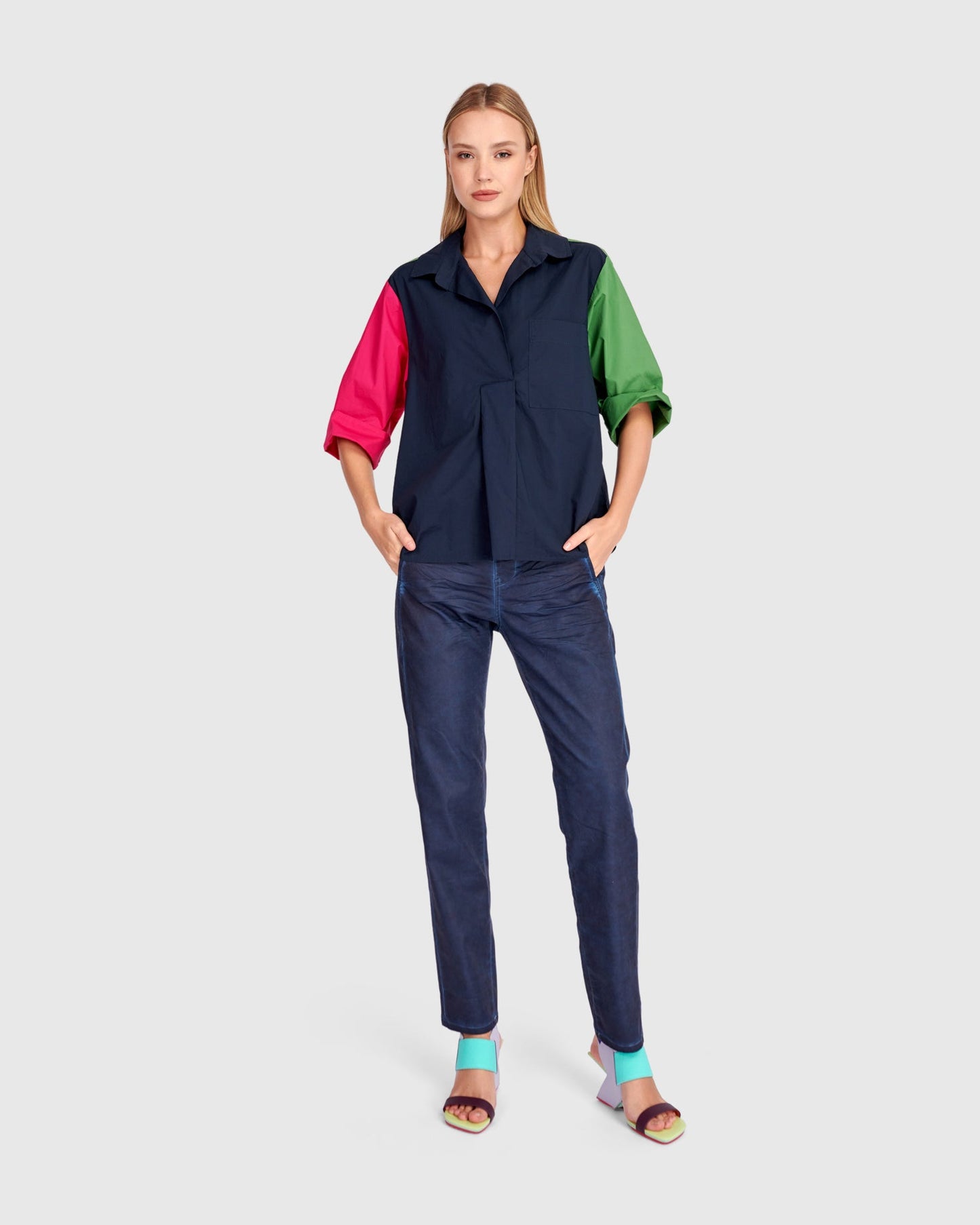 Poolside Popover Top, Navy Multi