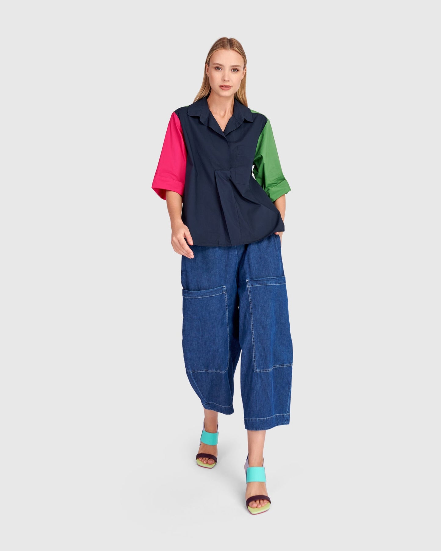Poolside Popover Top, Navy Multi