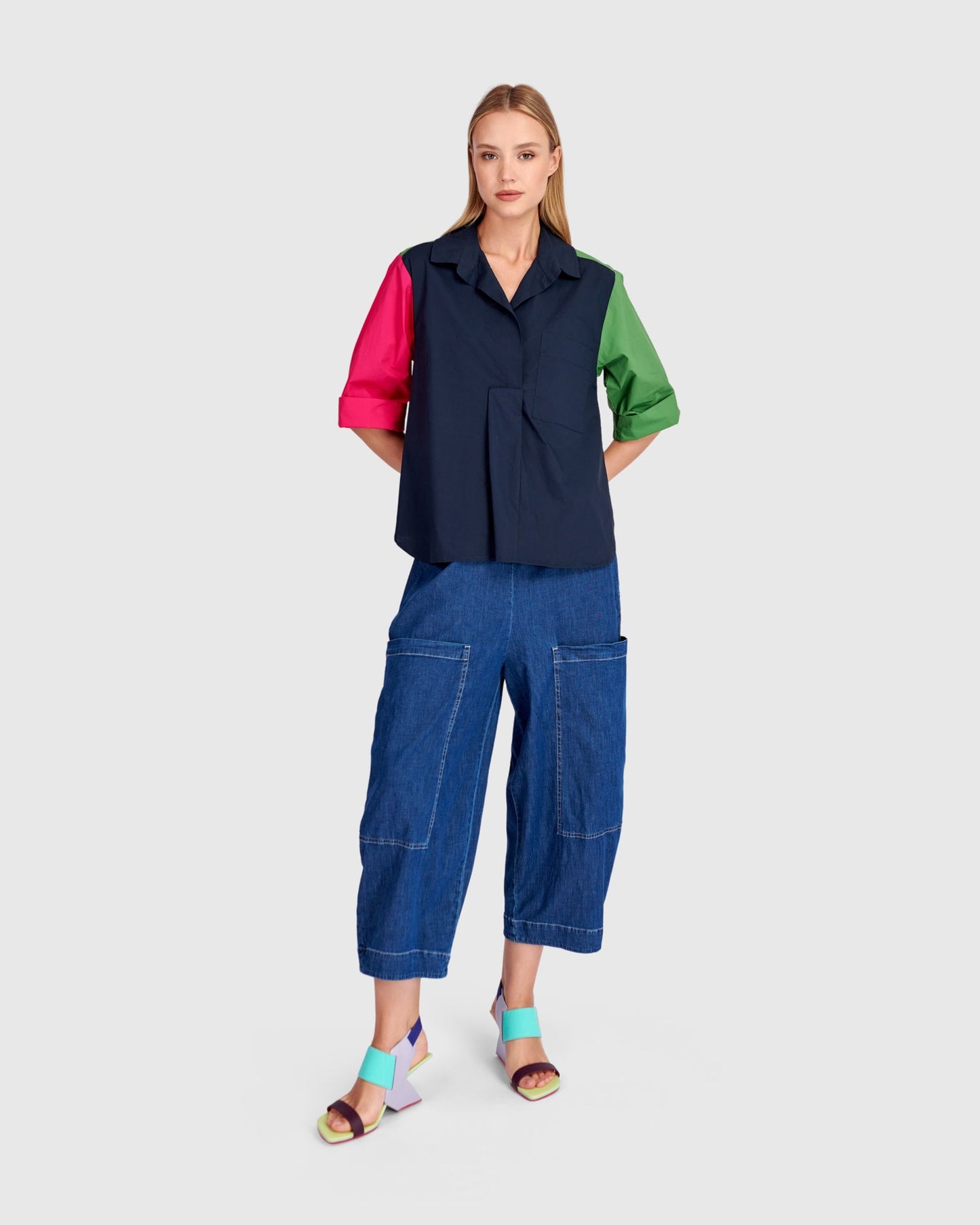 Poolside Popover Top, Navy Multi